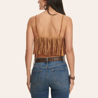Blue B Women's Caramel Tiered Studded Fringe Bodysuit