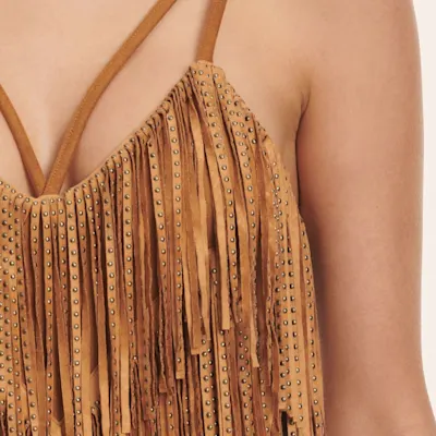 Blue B Women's Caramel Tiered Studded Fringe Bodysuit
