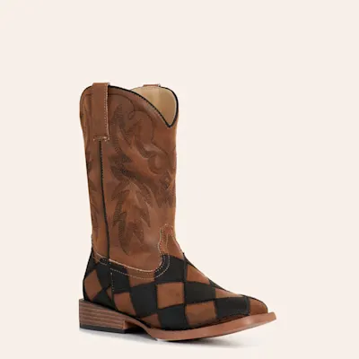 Roper Youth Brown & Black Checkered Wide Square Toe Cowboy Boots