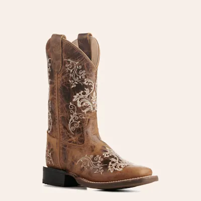 Old West Kids' Burnt Tan with Cream Embroidery Wide Square Toe Cowboy Boots