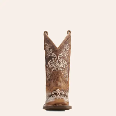 Old West Kids' Burnt Tan with Cream Embroidery Wide Square Toe Cowboy Boots 2 Old West Kids' Burnt Tan with Cream Embroidery Wide Square Toe Cowboy Boots