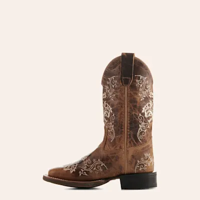 Old West Kids' Burnt Tan with Cream Embroidery Wide Square Toe Cowboy Boots 3 Old West Kids' Burnt Tan with Cream Embroidery Wide Square Toe Cowboy Boots