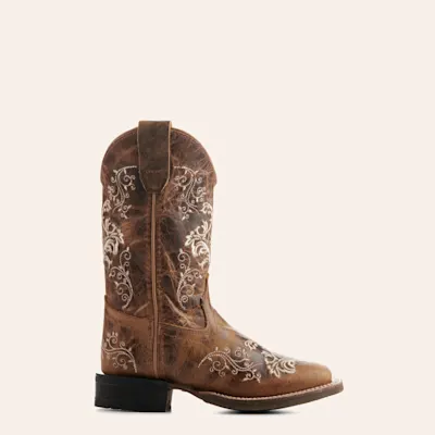 Old West Kids' Burnt Tan with Cream Embroidery Wide Square Toe Cowboy Boots 5 Old West Kids' Burnt Tan with Cream Embroidery Wide Square Toe Cowboy Boots