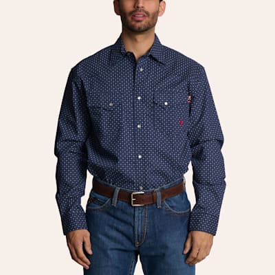 Forge Men's Navy Blue Geo Print FR Long Sleeve Pearl Snap Western Shirt