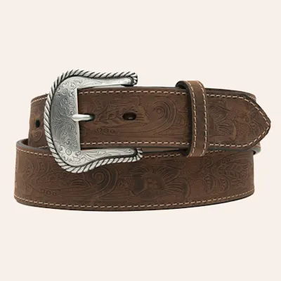 Cavender's Men's Brown Tooled Leather with Etched Silver Buckle Western Belt