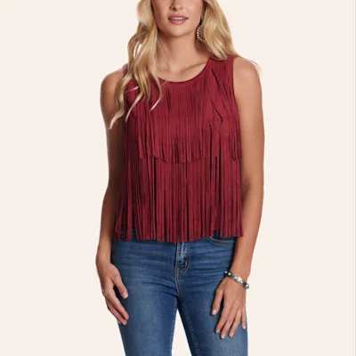 Rockin' C Women's Burgundy Faux Suede Fringe Tank Top