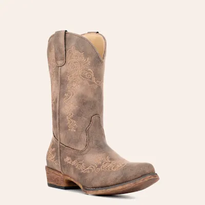 Roper Girls' Riley Scroll Vintage Brown Faux Leather Snip Toe Cowboy Boots