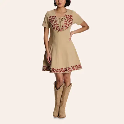Blue B Women's Beige & Red Floral Embroidered Lace Up Dress