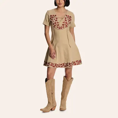 Blue B Women's Beige & Red Floral Embroidered Lace Up Dress