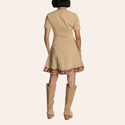 Blue B Women's Beige & Red Floral Embroidered Lace Up Dress