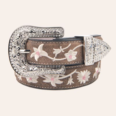 Angel Ranch Girl's Coffee Leather White & Pink Embroidered Flowers & Bling Buckle Western Belt