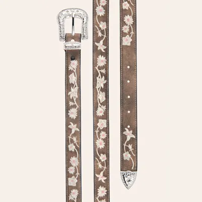 Angel Ranch Girl's Coffee Leather White & Pink Embroidered Flowers & Bling Buckle Western Belt