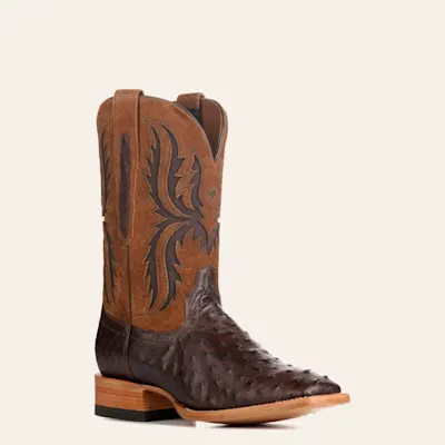 Ariat Men's Drifter Espresso Brown Full Quill Ostrich and Tan TekStep Wide Square Toe Exotic Cowboy Boots