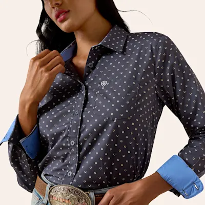 Ariat Women's Kirby Navy Horseshoe Print Long Sleeve Shirt