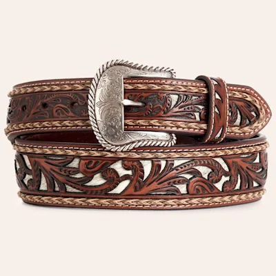 Nocona Men's Brown Floral Tooled Hair Inlay Western Belt