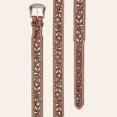 Nocona Men's Brown Floral Tooled Hair Inlay Western Belt