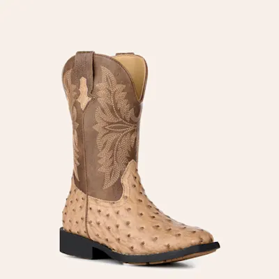 Roper Youth Jed Brown and Tan Ostrich Print Faux Leather Square Toe Boots