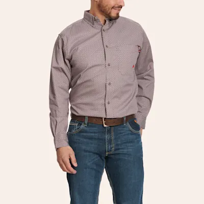 Forge Men's Dusty Burgundy & Geo Print Long Sleeve FR Work Shirt