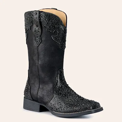 Roper Women's Starlit Black Faux Leather Wide Square Toe Cowboy Boots