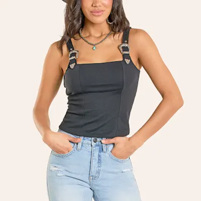 Rock & Roll Denim Women's Dark Gray Buckle Strap Tank Top
