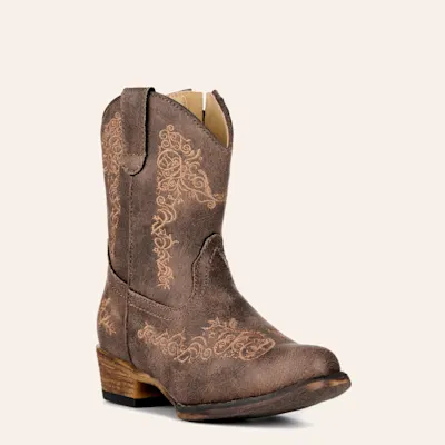 Roper Toddler Girls' Riley Scroll Vintage Brown Faux Leather Snip Toe Cowboy Boots
