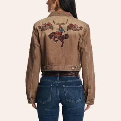 Rockin' C Women's Taupe Floral Bronc Embroidered Denim Jacket