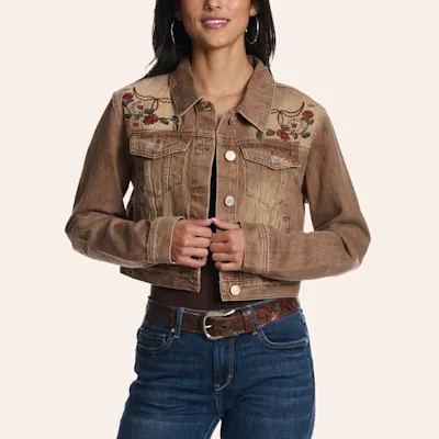 Rockin' C Women's Taupe Floral Bronc Embroidered Denim Jacket