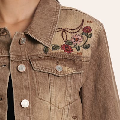 Rockin' C Women's Taupe Floral Bronc Embroidered Denim Jacket