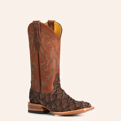 Cavender's Women's Chocolate Pirarucu & Honey Wide Square Toe Cowboy Boots