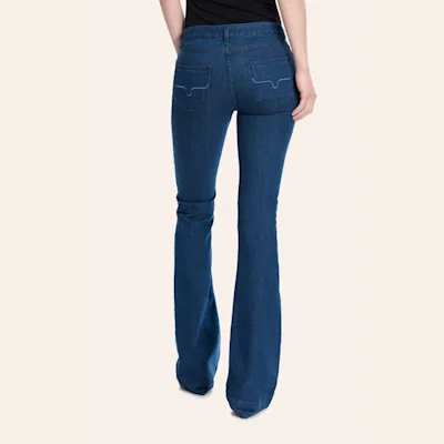 Kimes Ranch Women's Lola Dark Indigo Wash Mid Rise Flare Leg Trouser Jeans