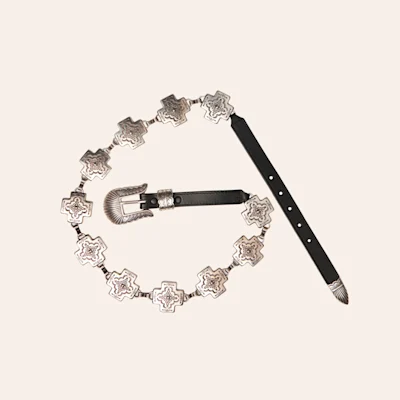 Tony Lama Silver Square Crosses Chain & Black Leather Belt