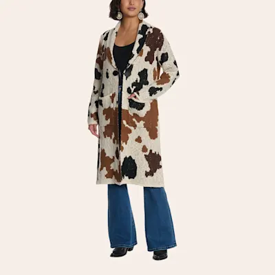 Cotton & Rye Women's Cream Cow Print Knit Duster