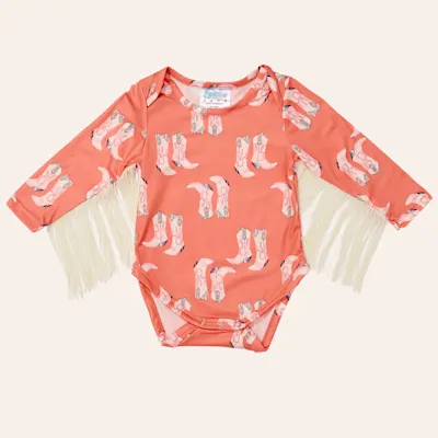 Shea Baby Infant Girls' Cactus Coral Boot Print Fringed Long Sleeve Onesie
