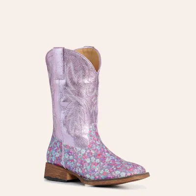 Roper Kids' Glitter Bloom Purple Floral Metallic Faux Leather Square Toe Cowboy Boots