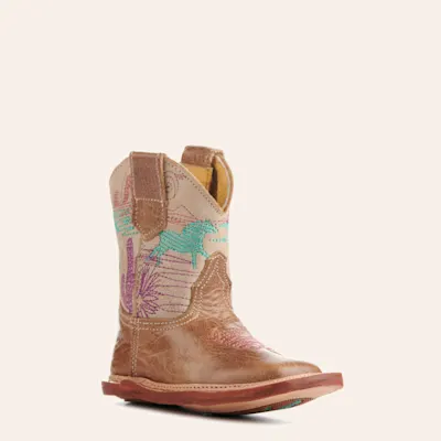 Roper Cowbabies Burnished Brown and Cream Running Free Embroidery Square Toe Cowboy Boots