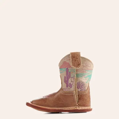 Roper Cowbabies Burnished Brown and Cream Running Free Embroidery Square Toe Cowboy Boots