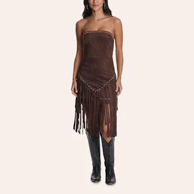 Blue B Women's Dark Brown Fringed Faux Suede Strapless Dress