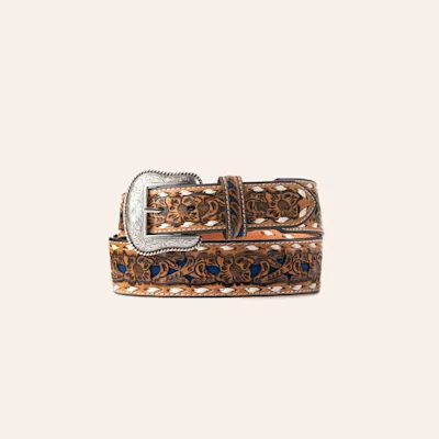 Nocona Men's Tan Genuine Leather Floral with Blue Inlay & White Lace Western Belt