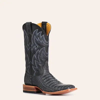Cavender's Men's Dark Gray Caiman & Black Leather Wide Square Toe Cowboy Boots