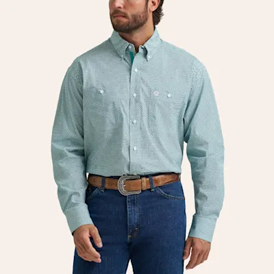 Wrangler George Strait Men's Teal Diamond Geo Print Long Sleeve Shirt