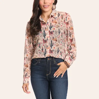 Blue B Women's Creamy Latte & Western Print Sheer Top