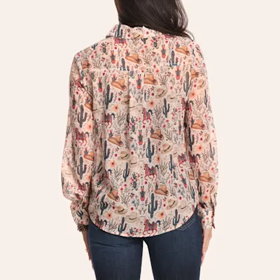Blue B Women's Creamy Latte & Western Print Sheer Top