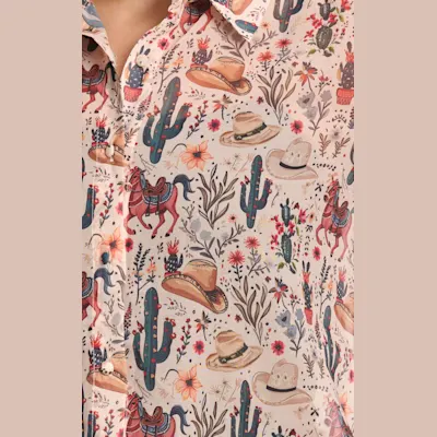 Blue B Women's Creamy Latte & Western Print Sheer Top