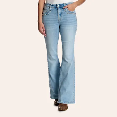 Lovervet Women’s Light Wash High Rise Western Studded 33" Flare Jeans