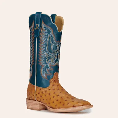R Watson Men's Antique Saddle Full Quill Ostrich and Royal Blue Wide Square Toe Exotic Cowboy Boots