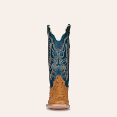 R Watson Men's Antique Saddle Full Quill Ostrich and Royal Blue Wide Square Toe Exotic Cowboy Boots