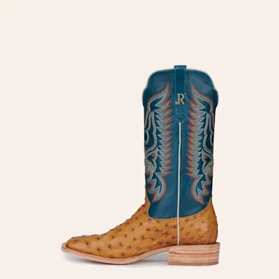 R Watson Men's Antique Saddle Full Quill Ostrich and Royal Blue Wide Square Toe Exotic Cowboy Boots