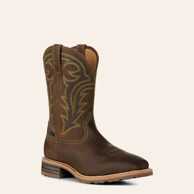 Ariat Men's Hybrid Rancher Distressed Brown Waterproof Wide Square Toe Work Boots