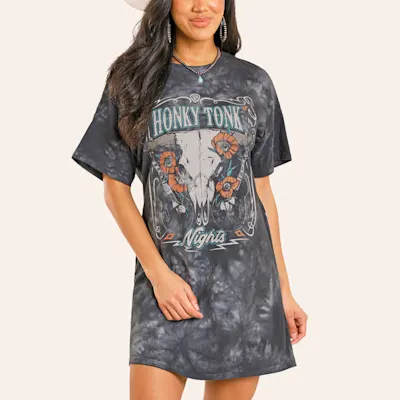 Rock & Roll Denim Women's Distressed Gray Honky Tonk Nights Graphic T-Shirt Dress