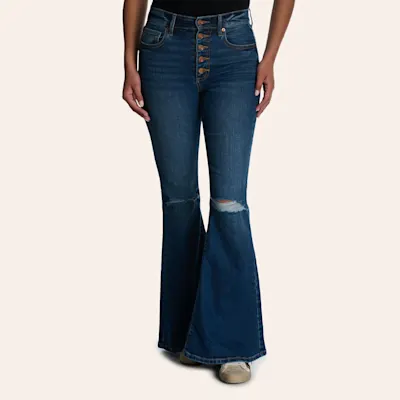 Sneak Peek Women's Dark Wash High Rise Button Fly Distressed Knee Flare Jeans